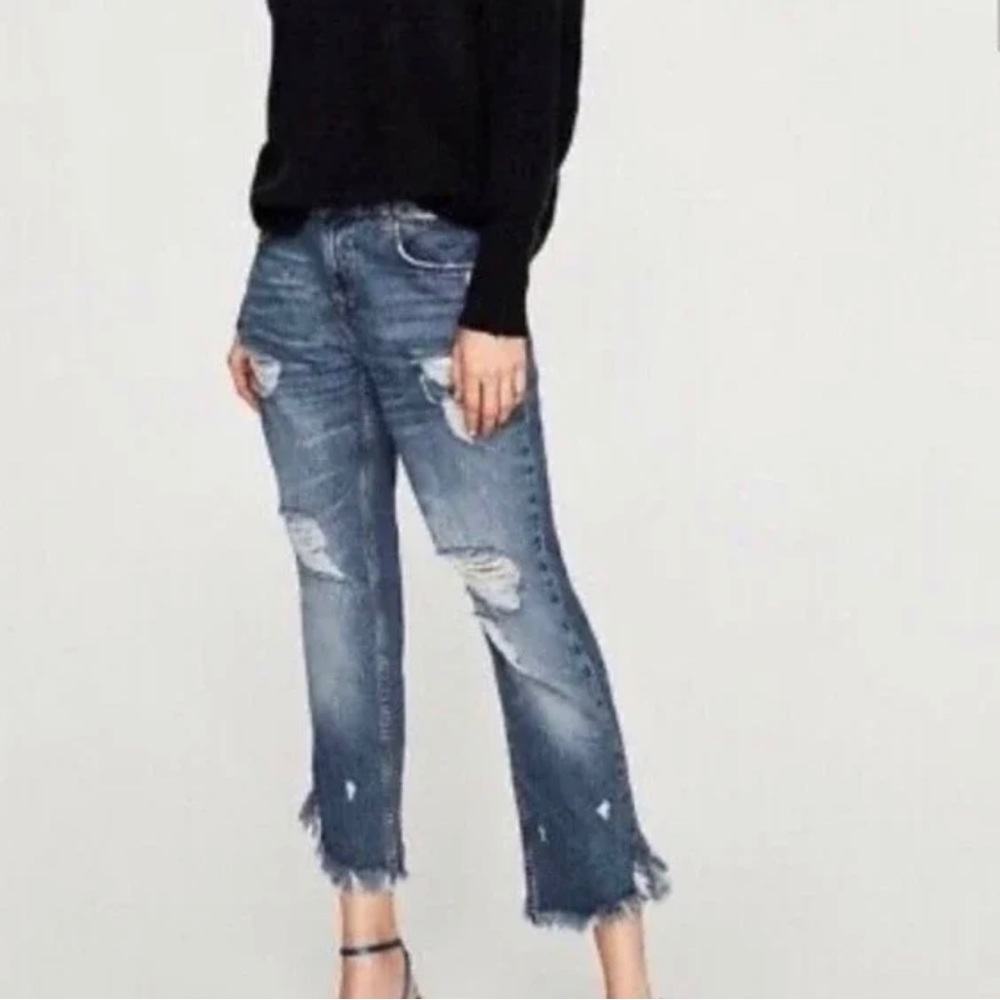 ZARA~Z1975 High Rise Leopard Accent at Hips, Ripped Detail Denim Jeans Size 2